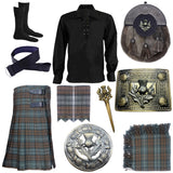 Scottish Tartan Kilt Set 10 PIECES - Thistle Kilt Sporran - Fly plaid & Brooches- Kilt Socks and Flashes- Black Jacobite Ghillie Shirt